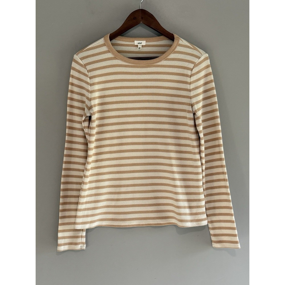 Aerie Waffle Knit Long Sleeve Top Crewneck Tee Thermal Casual Texture Striped Lg - Picture 2 of 13